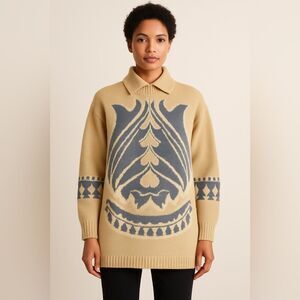 Cleopatra Broumand Vintage 100% Wool Collared Tunic Sweater Cream Blue Size XL